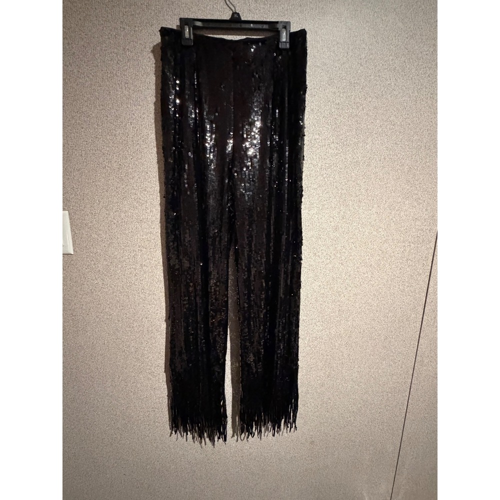 H&M Womens Black Sequin Fringe Hem Pants High Waisted Party Trousers Small NEW
